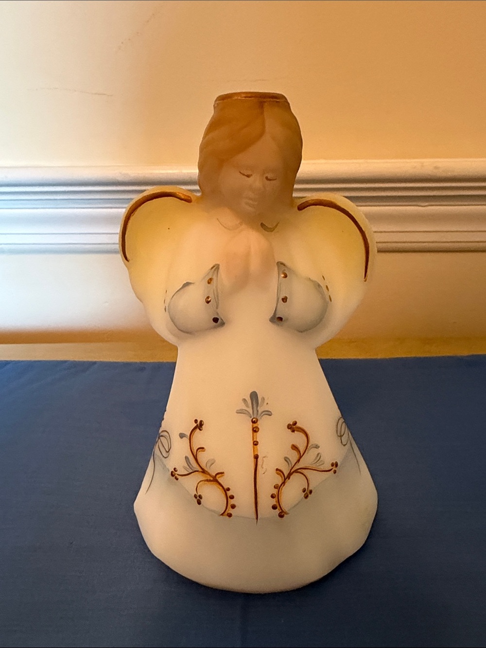 Fenton White Glass Angel Figurine with Gold and Blue Accents 137/1000